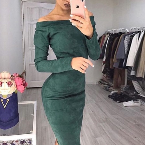Dresses & Skirts - 1 Left! Hunter Green Suede Off Shoulder Midi Dress